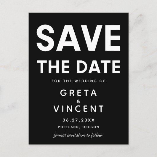 Moderne minimalist Zwart-wit Save The Date Briefkaart (Voorkant)