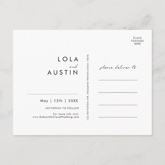 Moderne Minimalist | Zwarte Foto Save The Date Uitnodiging Briefkaart (Achterkant)