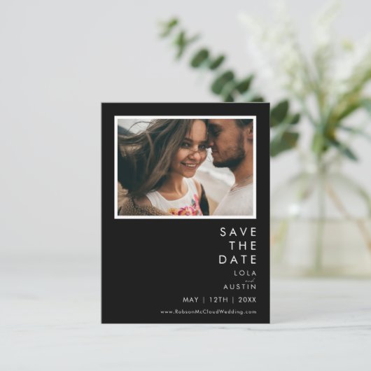 Moderne Minimalist | Zwarte Foto Save The Date Uitnodiging Briefkaart (Staand voorkant)