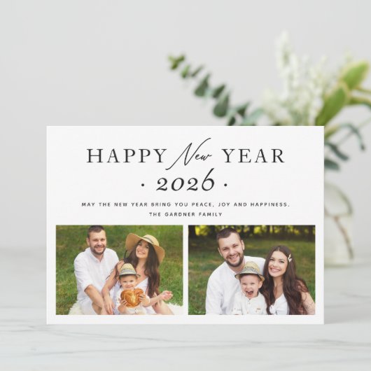 Moderne minimalistische 2023 Happy New Year 2-foto Feestdagenkaart (Staand voorkant)