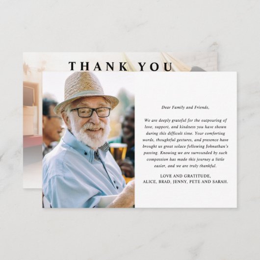 Moderne minimalistische 2-foto aangepaste herdenki bedankkaart (Voorkant / Achterkant)