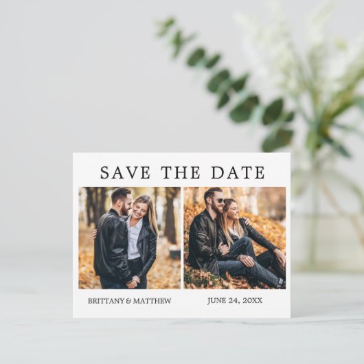 Moderne minimalistische 2 foto Sla de datum op Briefkaart (Staand voorkant)