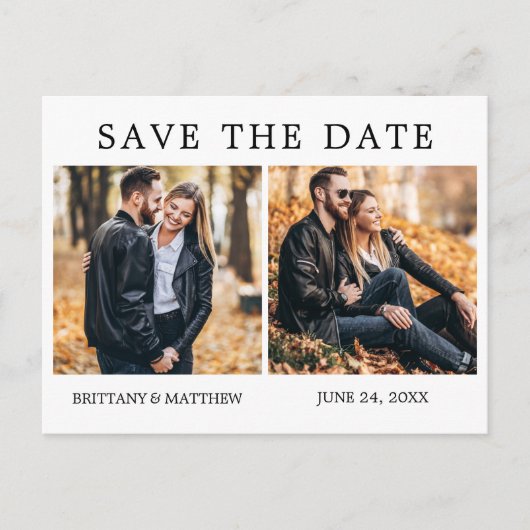 Moderne minimalistische 2 foto Sla de datum op Briefkaart (Voorkant)