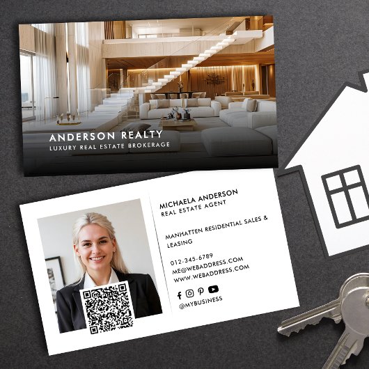 Moderne minimalistische 2 foto's QR-code en social Visitekaartje
