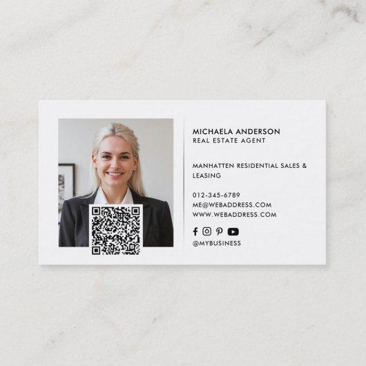 Moderne minimalistische 2 foto's QR-code en social Visitekaartje (Achterkant)