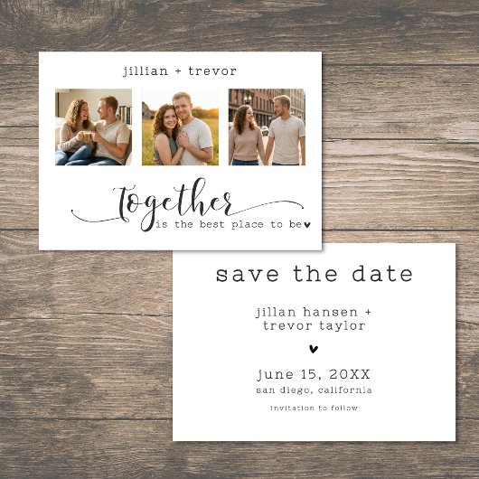 Moderne Minimalistische 3-Foto Script Collage Huwe Save The Date