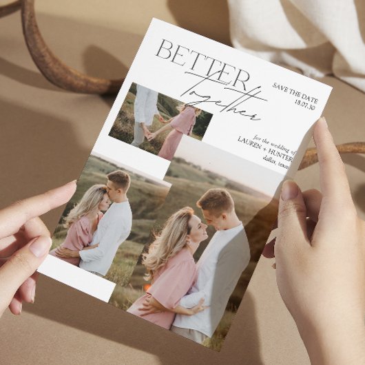 Moderne minimalistische 3 foto typografie bruiloft save the date