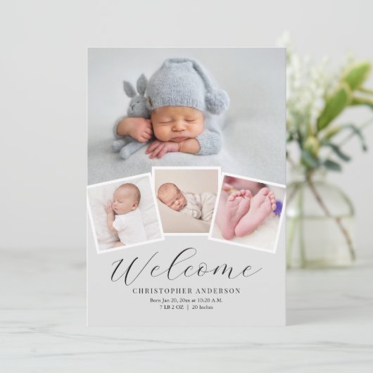 Moderne Minimalistische 4 Foto Collage Baby Boy Ge Aankondiging (Staand voorkant)