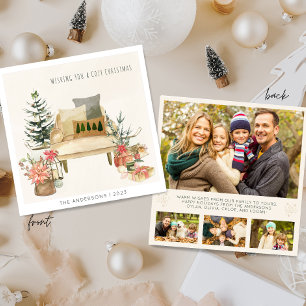 Moderne minimalistische 4 foto Waterverf Illustrat Feestdagenkaart