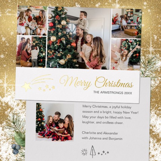 Moderne minimalistische 6 foto familienaam folie feestdagen briefkaart