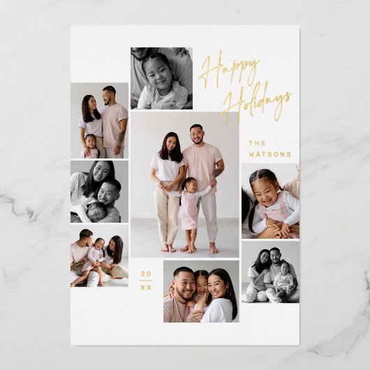 Moderne minimalistische 9 foto collage kerst folie feestdagenkaart (Voorkant)
