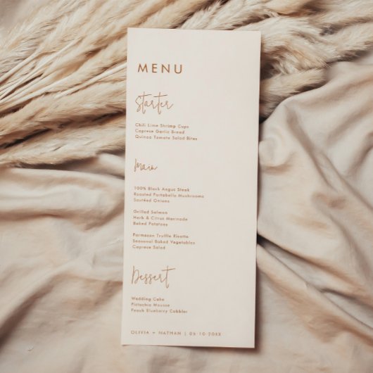 Moderne minimalistische aardse bruiloft menu