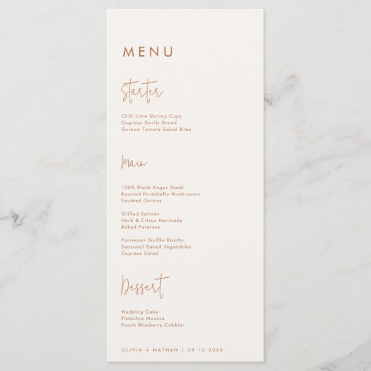Moderne minimalistische aardse bruiloft menu (Voorkant)