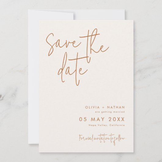 Moderne minimalistische aardse trouwfoto save the date (Achterkant)