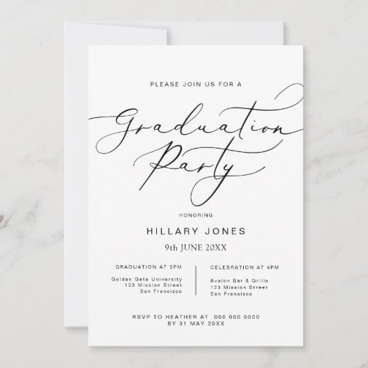 Moderne minimalistische afstudeerfeest kalligrafie kaart (Voorkant)