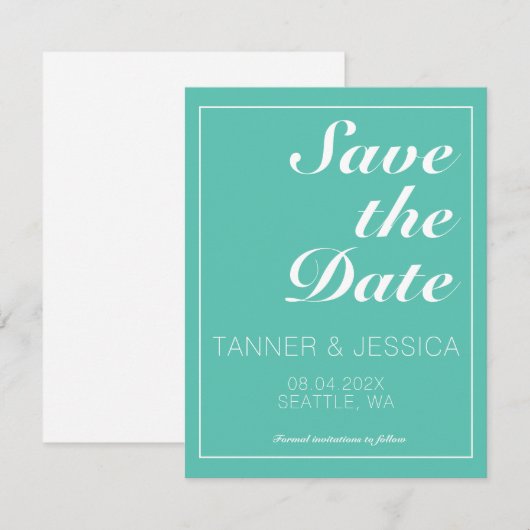 Moderne minimalistische Aqua & White Save the Date (Voorkant / Achterkant)