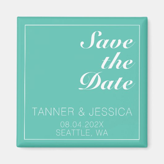 Moderne minimalistische Aqua & White Save the Date Magneet (Voorkant)