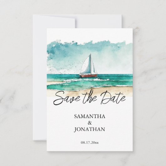 Moderne minimalistische aquarel cruise bruiloft save the date (Voorkant)