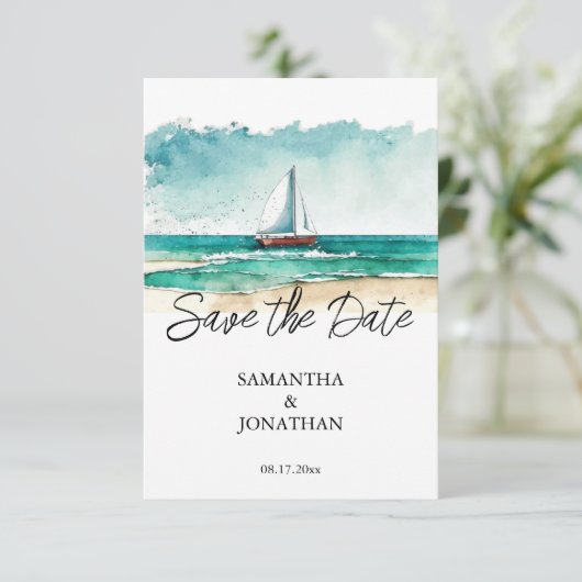 Moderne minimalistische aquarel cruise bruiloft save the date (Staand voorkant)