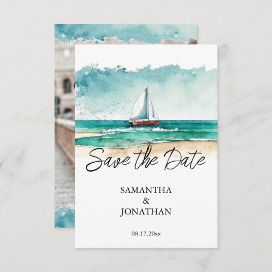 Moderne minimalistische aquarel cruise bruiloft save the date (Voorkant / Achterkant)