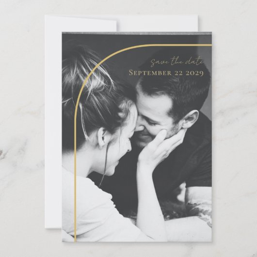Moderne, minimalistische arch Black White Gold Wed Save The Date (Voorkant)
