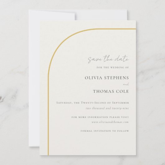 Moderne, minimalistische arch Black White Gold Wed Save The Date (Achterkant)