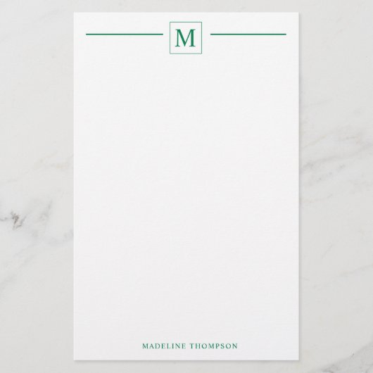 Moderne minimalistische basis groene monogram bos briefpapier (Voorkant)