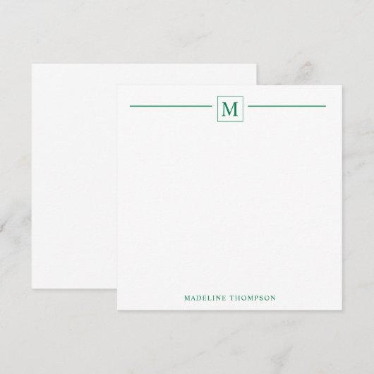 Moderne minimalistische basis groene monogram bos notitiekaartje (Voorkant / Achterkant)