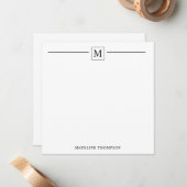 Moderne minimalistische basis zwarte monogram lijn notitiekaartje (Voorkant / Achterkant in situ)