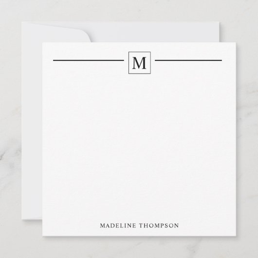 Moderne minimalistische basis zwarte monogram lijn notitiekaartje (Voorkant)