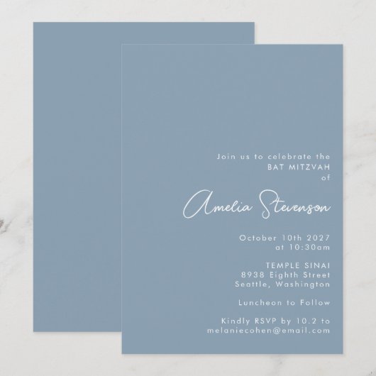 Moderne minimalistische Bat Mitzvah Script Dusty B Kaart (Voorkant / Achterkant)