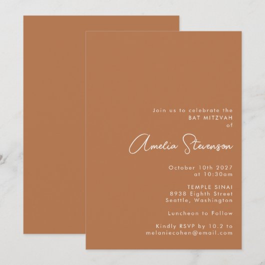 Moderne minimalistische Bat Mitzvah Script Terraco Kaart (Voorkant / Achterkant)
