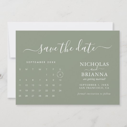Moderne, minimalistische begroting voor groene age save the date (Voorkant)