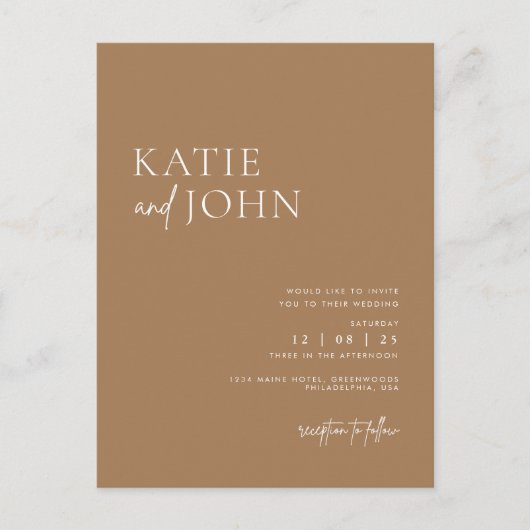 Moderne Minimalistische Beige Tane Boho Bruiloft Aankondigingskaart (Voorkant)