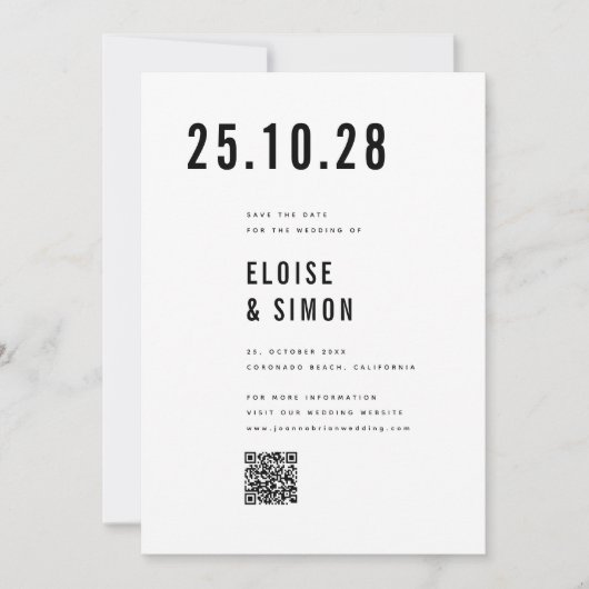 Moderne minimalistische Big Bold Monogram Chic QR- Save The Date (Voorkant)