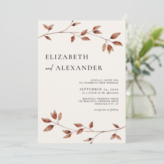 Moderne minimalistische bladeren herfst bruiloft kaart (Staand voorkant)