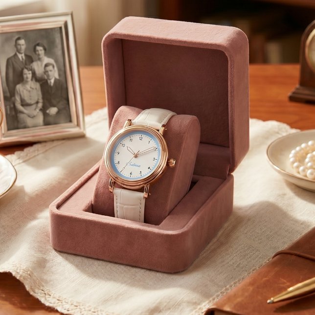 Moderne Minimalistische Blau Moderne Aangepaste Na Horloge (Modern and Minimalist Blue Modern Custom Name Grandma Watch)