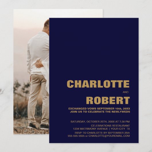 Moderne minimalistische blauw gouden bruiloft rece kaart (Voorkant / Achterkant)