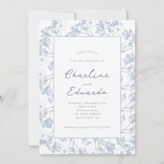 Moderne minimalistische blauwe bloemen bruiloft kaart (Voorkant)