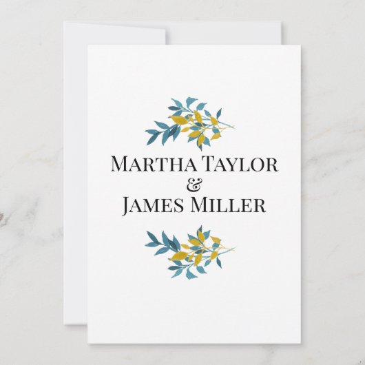 Moderne minimalistische blauwe botanische bruiloft kaart (Achterkant)