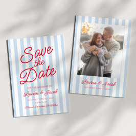 Moderne Minimalistische Blauwe en Rode Strepen Tro Save The Date