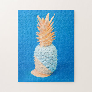 Moderne minimalistische blauwe en roze ananas kuns legpuzzel
