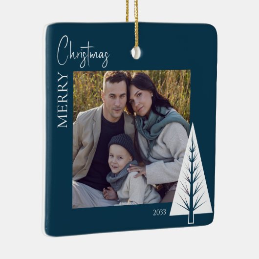 Moderne minimalistische blauwe foto kerst aandenke keramisch ornament (Rechts)