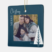 Moderne minimalistische blauwe foto kerst aandenke keramisch ornament (Links)