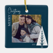 Moderne minimalistische blauwe foto kerst aandenke keramisch ornament (Voorkant)