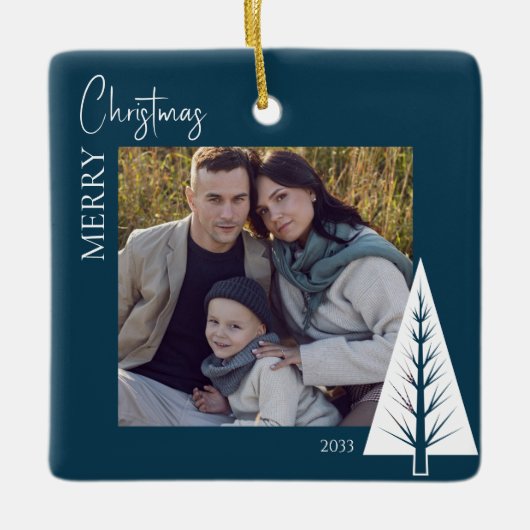 Moderne minimalistische blauwe foto kerst aandenke keramisch ornament (Voorkant)
