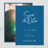 Moderne Minimalistische Blauwe Script Foto Bruilof Save The Date (Voorkant / Achterkant)