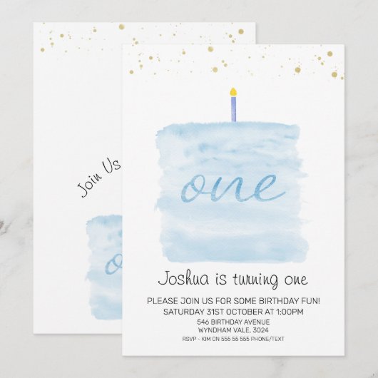 Moderne Minimalistische Blauwe Taart Eerste Verjaa Kaart (Voorkant / Achterkant)