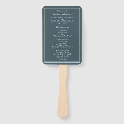 Moderne Minimalistische Blauwe Trouwprogramma Hand Handwaaier (Voorkant)
