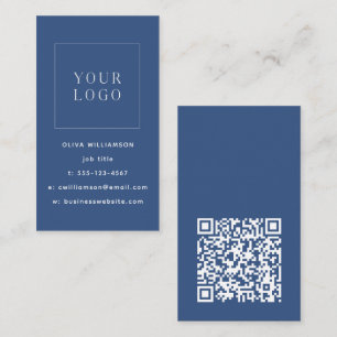 Moderne Minimalistische Blauwe Verticale Logo QR C Visitekaartje